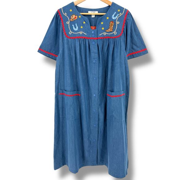 Go Softly Western Cowgirl Boot Denim Patio Dress Size Large Embroidered Full Zip - Picture 1 of 10